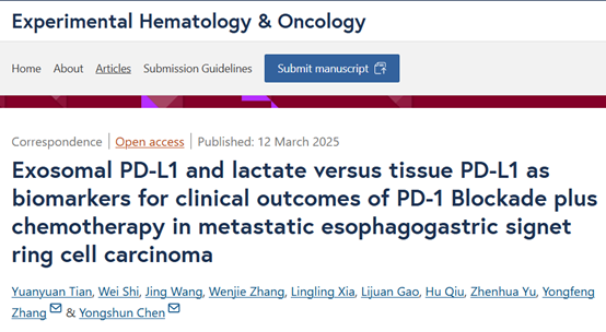 Exp Hematol Oncol｜中山大学附属第八医院陈永顺教授团队：外泌体PD-L1和乳酸对比组织PD-L1预测PD-1抑制剂联合化疗治疗晚期食管胃印戒细胞癌疗效的生物标志物研究