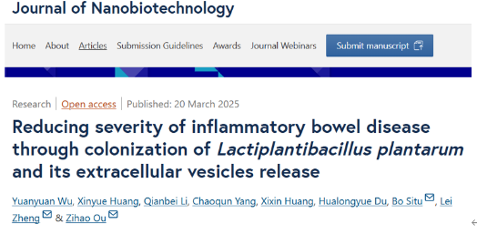 J Nanobiotechnol｜南方医科大学南方医院检验科郑磊教授团队：植物乳杆菌定植及其胞外囊泡释放减轻炎症性肠病严重程度
