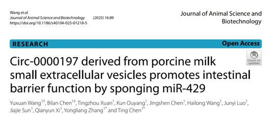 J Agric Food Chem｜华南农业大学张永亮/习欠云：猪乳小细胞外囊泡circ-0000197促进肠道屏障功能